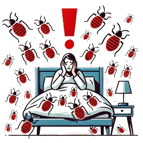 Distressed person in bed surrounded by bed bugs, with an exclamation point symbolizing urgency and danger.